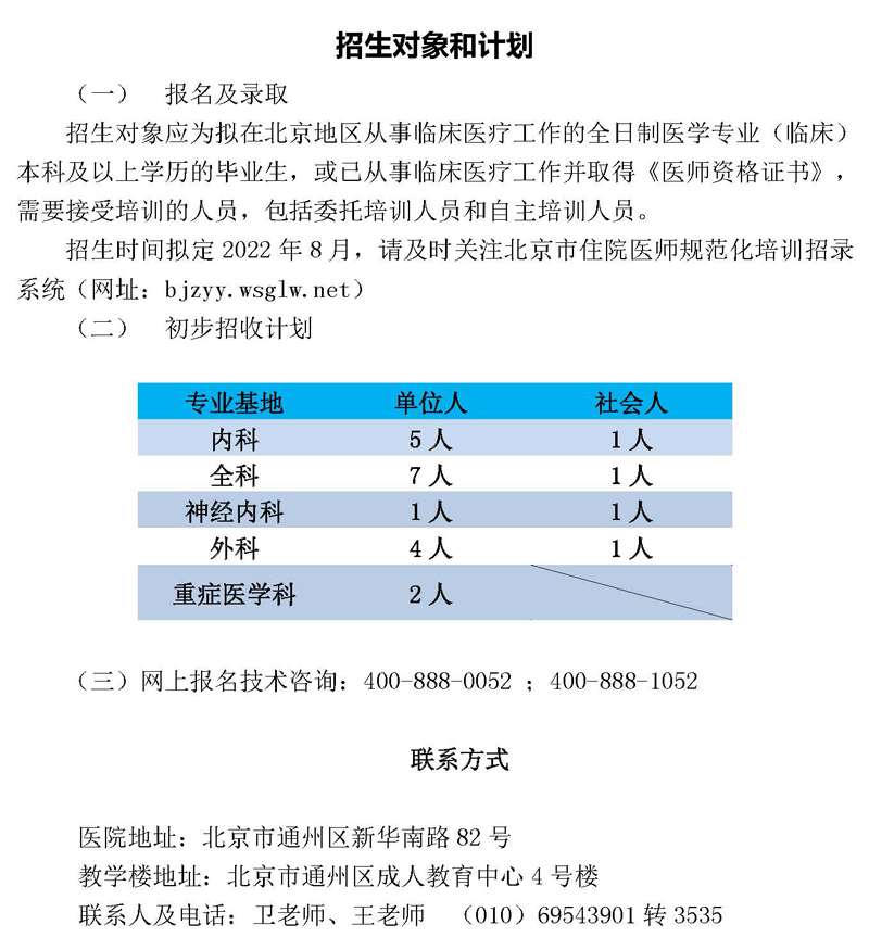 首都医科大学附属北京潞河医院2022年北京市住院医师规范化培训基地招录简章