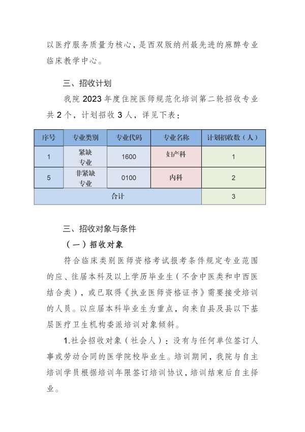 西双版纳傣族自治州人民医院2023年住院医师规范化培训招生简章第二批